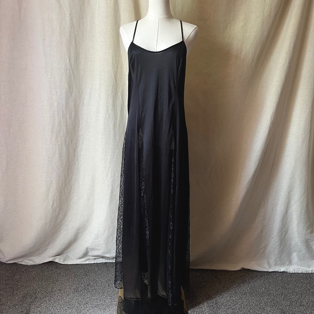 Vintage Black Nylon Maxi Nightgown Lace Panel Open Back Strappy Lingerie L